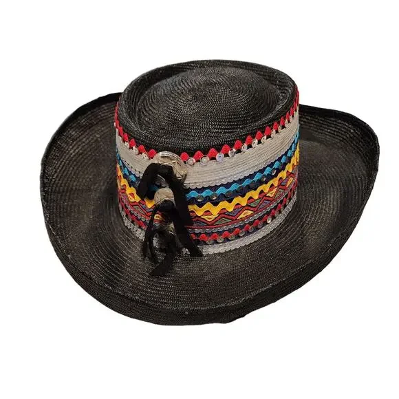 Vintage Southwest Statement Straw Hat Black Western Concho Festival Cowgirl Rare - Picture 5 of 13